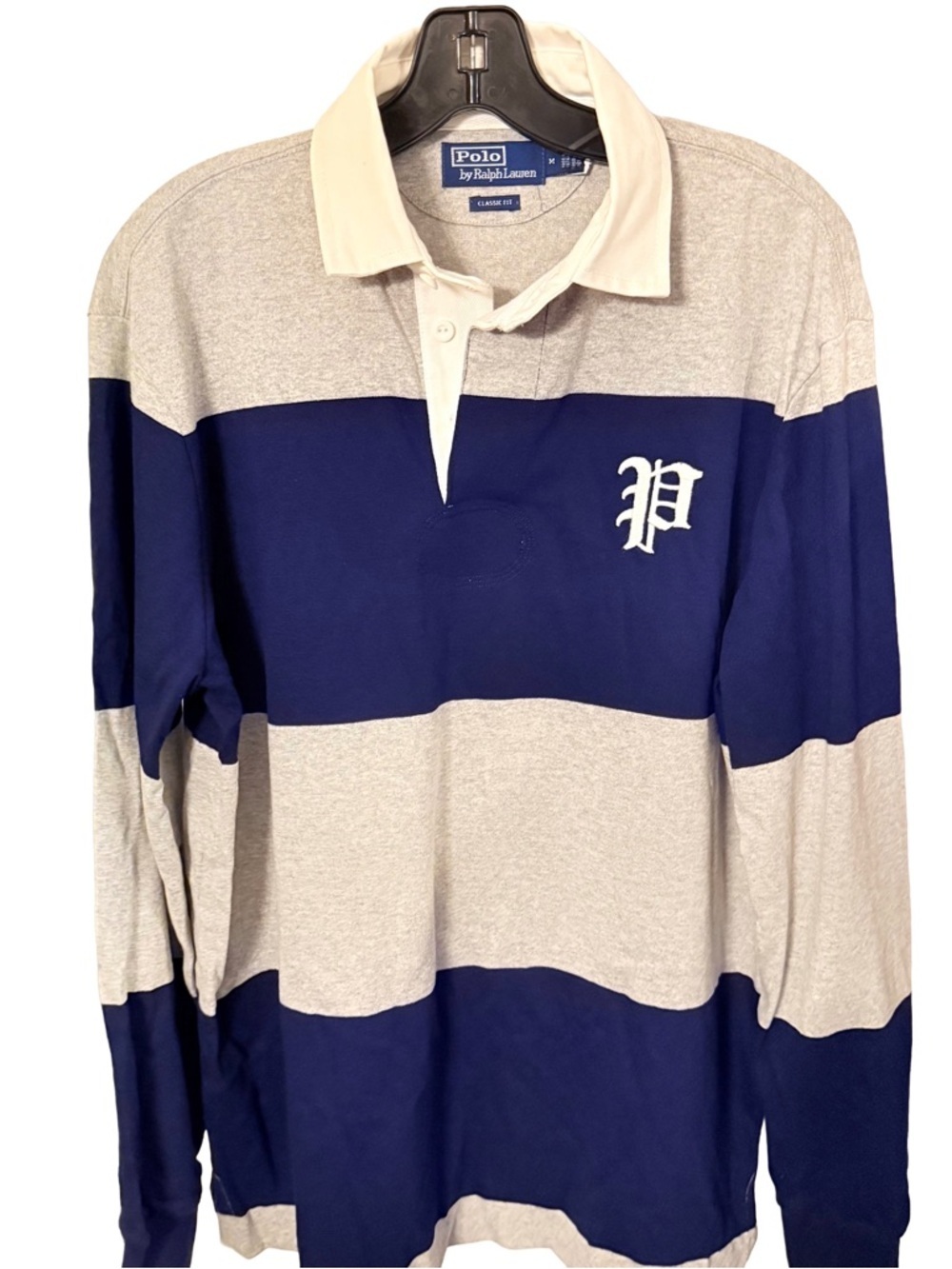 Polo Ralph Lauren Men’s RARE VTG Rugby Shirt Big P Logo  Navy & Gray Stripe Sz M